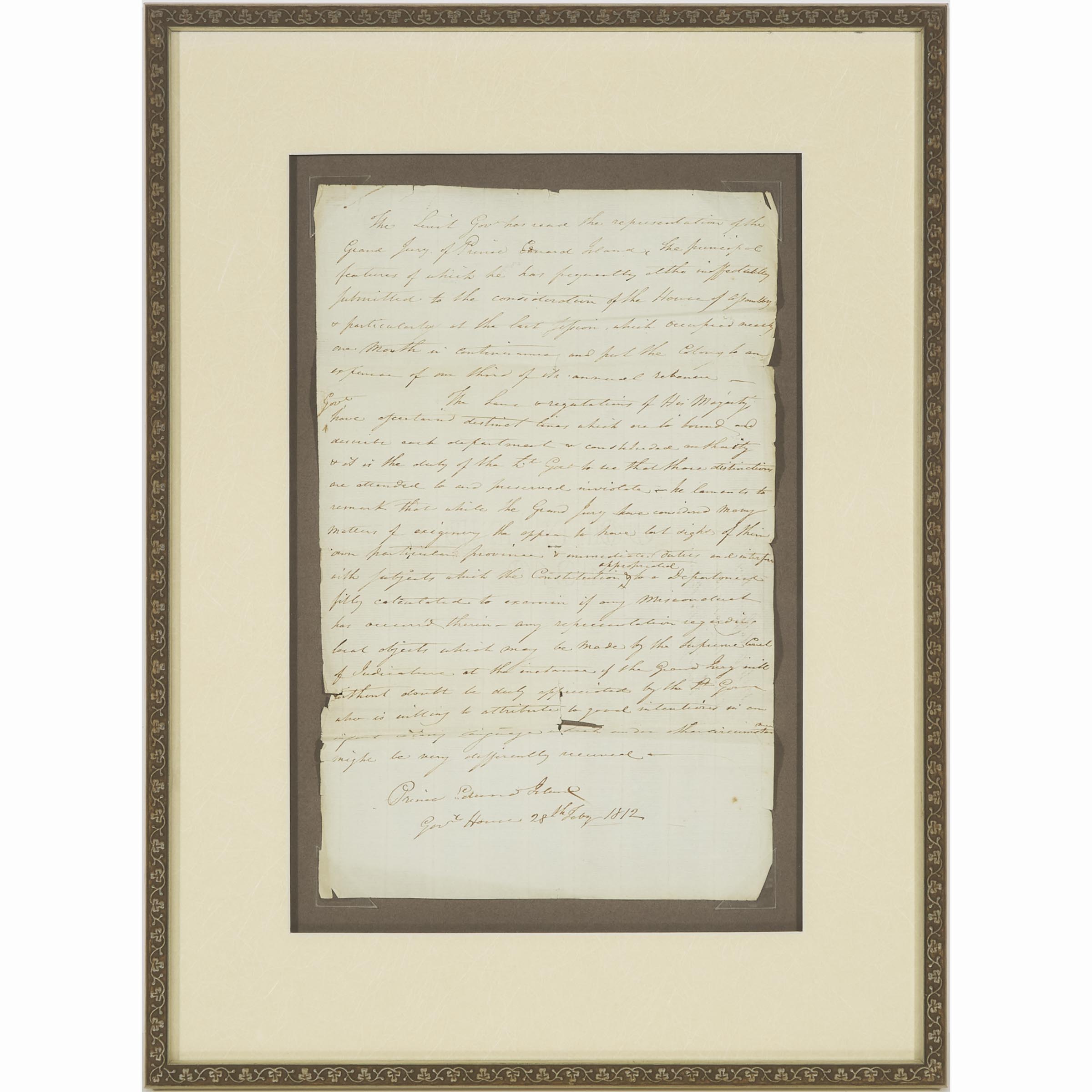 Lt. Governor Joseph Frederick Wallet Des Barres, Prince Edward Island Government House Document, 28th July, 1812