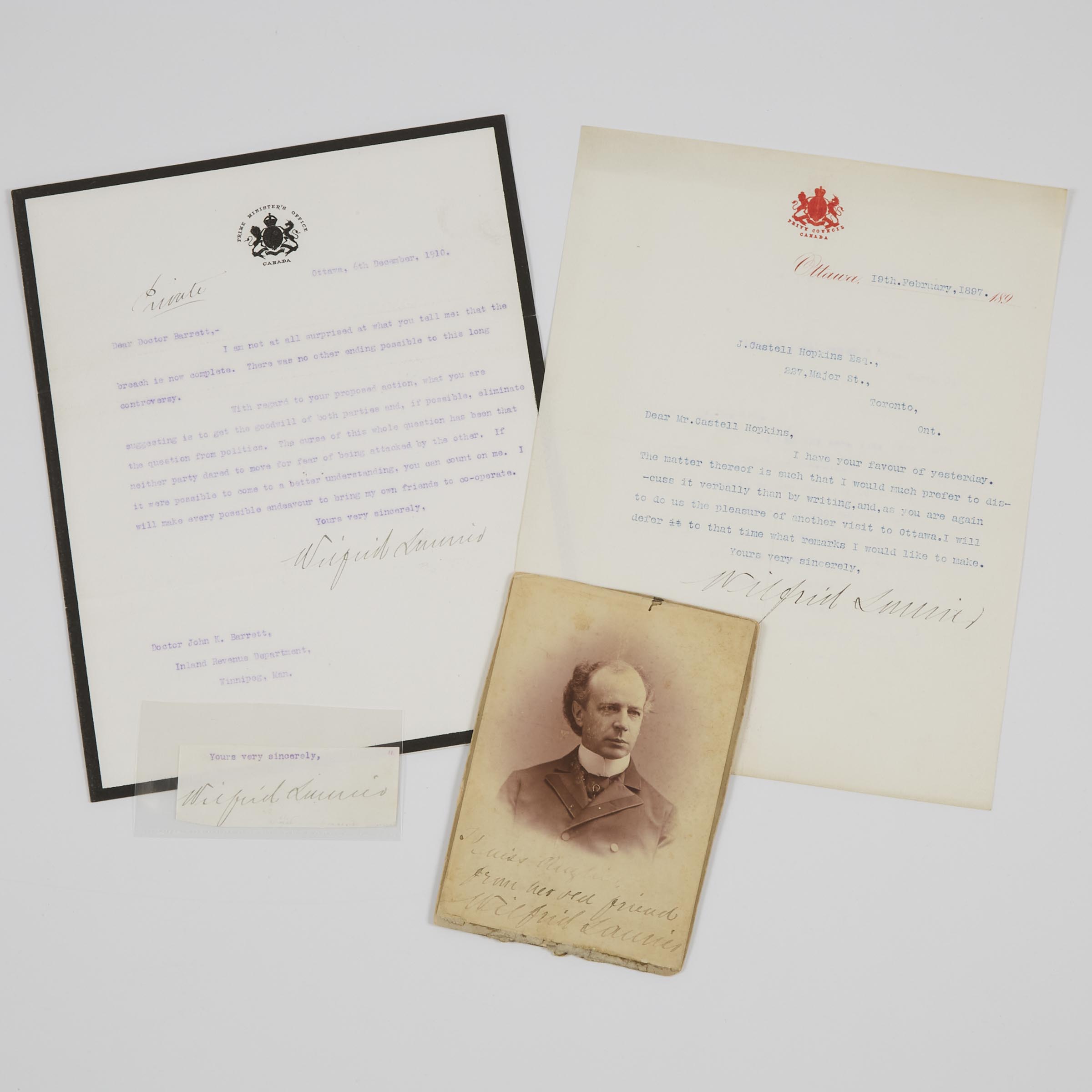 Sir Wilfrid Laurier, Two Signed Letters, a Cabinet Card and an Autograph, 1890-1916