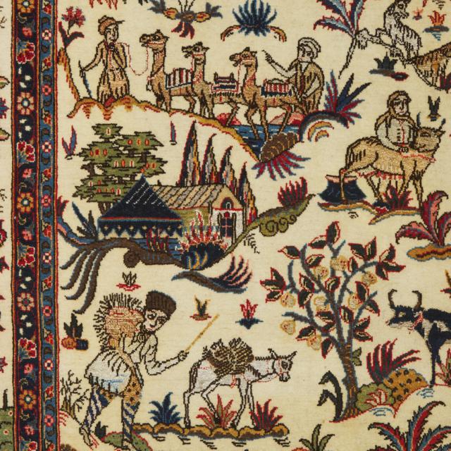 Fine Qum Pictorial Rug with silk inlets, Persian, c.1970
