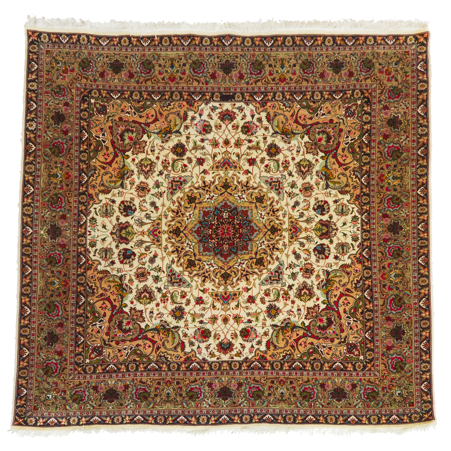 Fine Tabriz Square Rug with silk inlets, Persian, c.1980