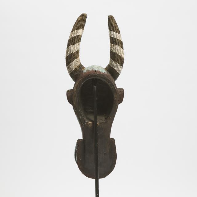 Modern Bamileke Carved Wood and Beaded Buffalo Mask, Cameroon, Central Africa
