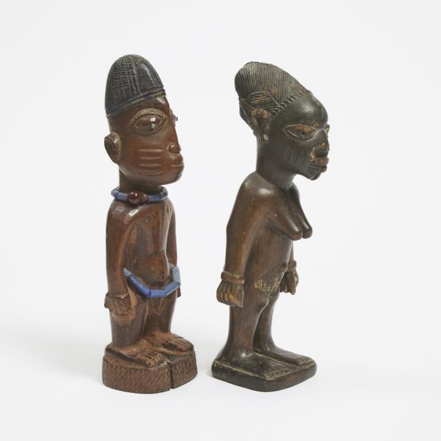 Two Yoruba Ibeji Twin Figures, Nigeria, West Africa, one early 20th century the other mid to late 20th century