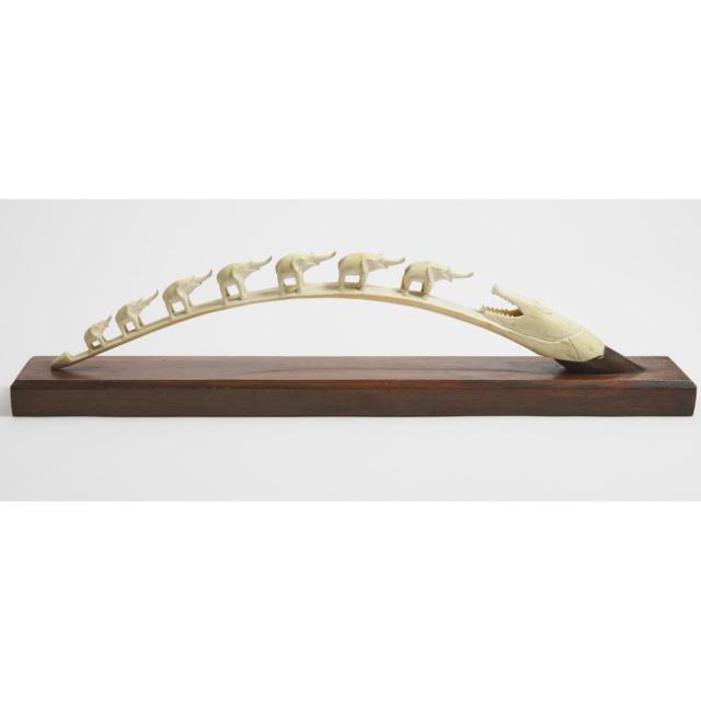 African Carved Ivory Elephant Bridge with Crocodile, late 19th to early 20th century