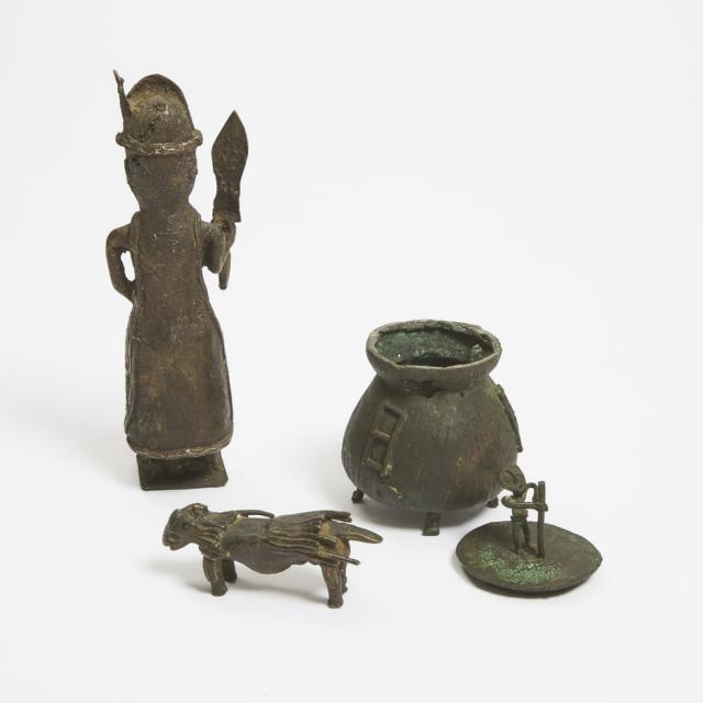 Ashanti Kuduo (Lidded Vessel), together with a Zoomorphic Statue/Goldweight and a Benin Bronze Court Figure, Ghana, West Africa, 20th century