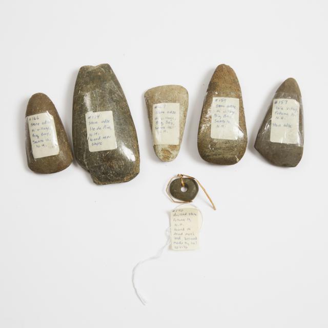 Group of Five New Hebrides (Vanuatu) Stone Adze Axe Heads together with a stone amulet, Melanesia, 19th/20th century