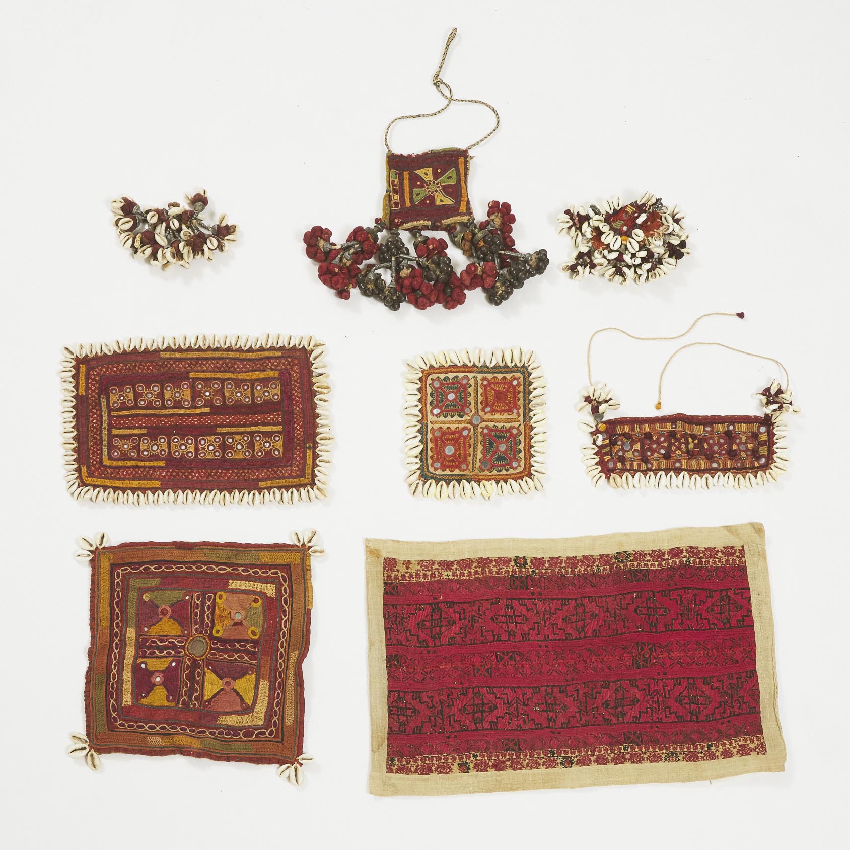 Group of Eight Miscellaneous Banjara Decorations, Goa, India, mid 20th century
