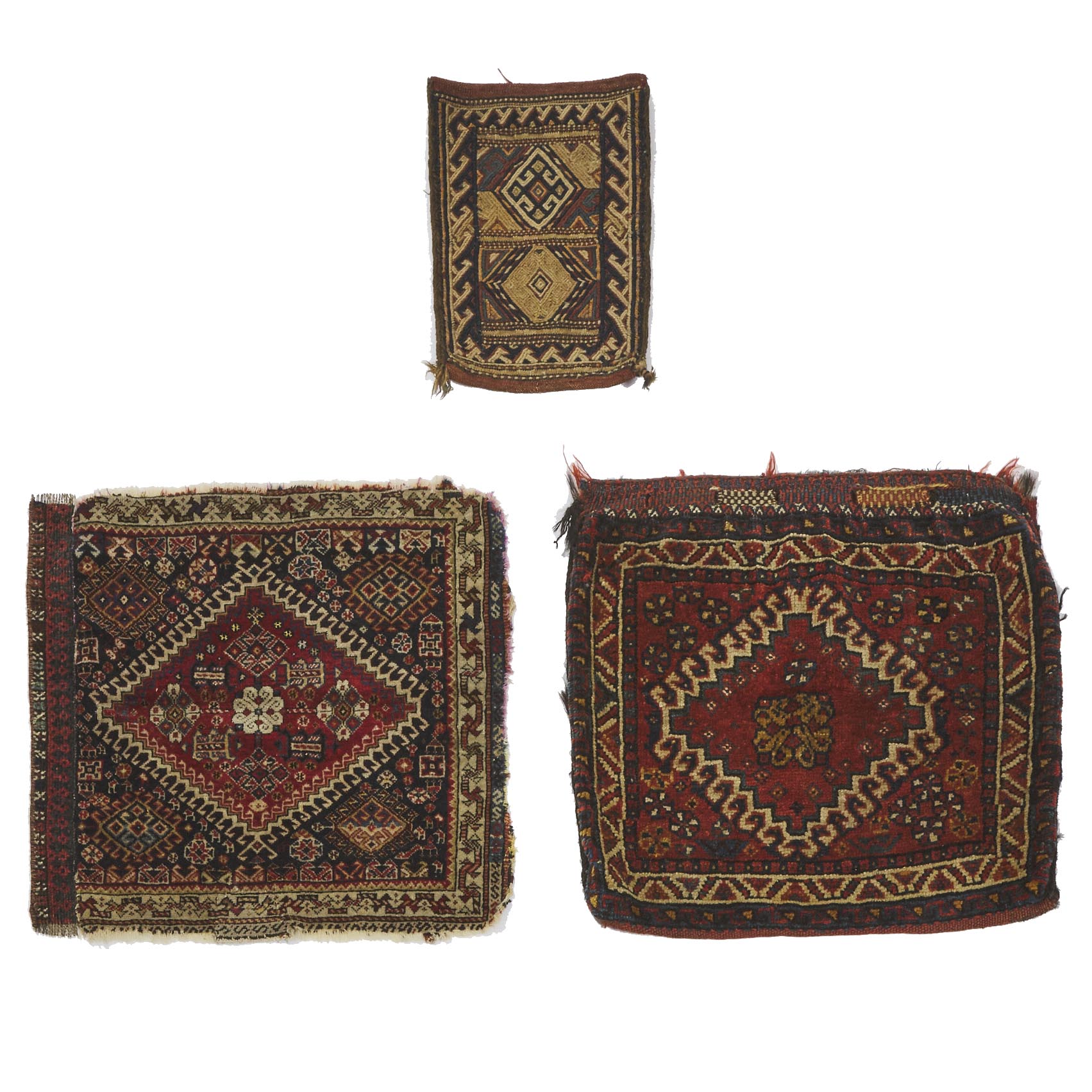 Qashqai Bag and Bag Face with silk inlets, Persian, c.1900 together with a Kurdish Salt Bag, c.1960