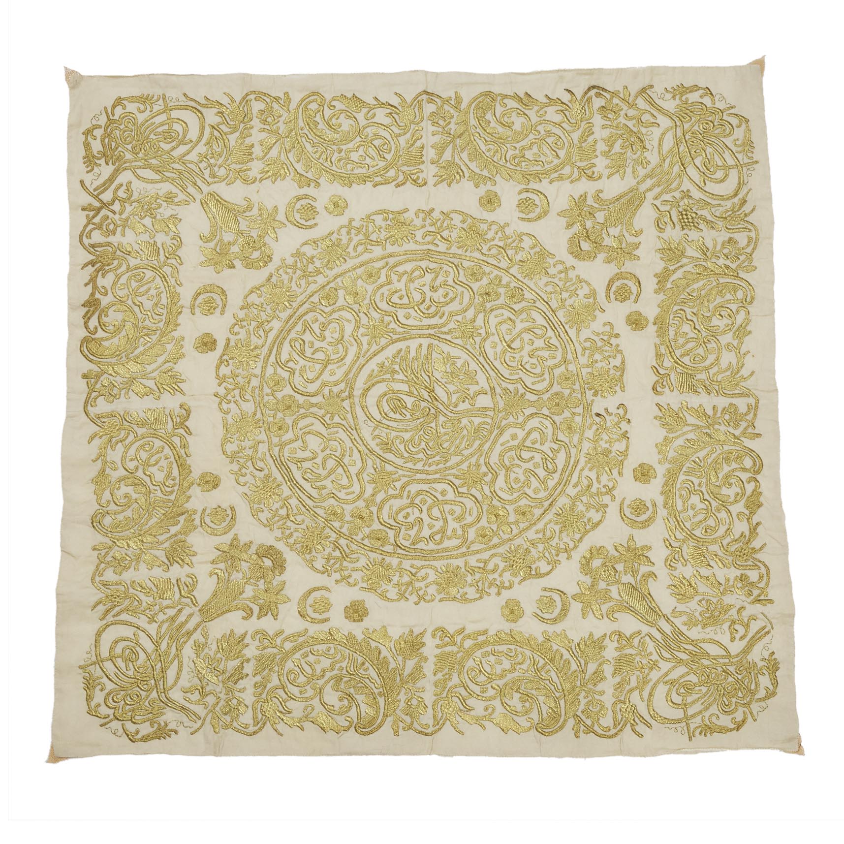 Ottoman Empire Table Cloth with gold metallic threads on silk, c.1900