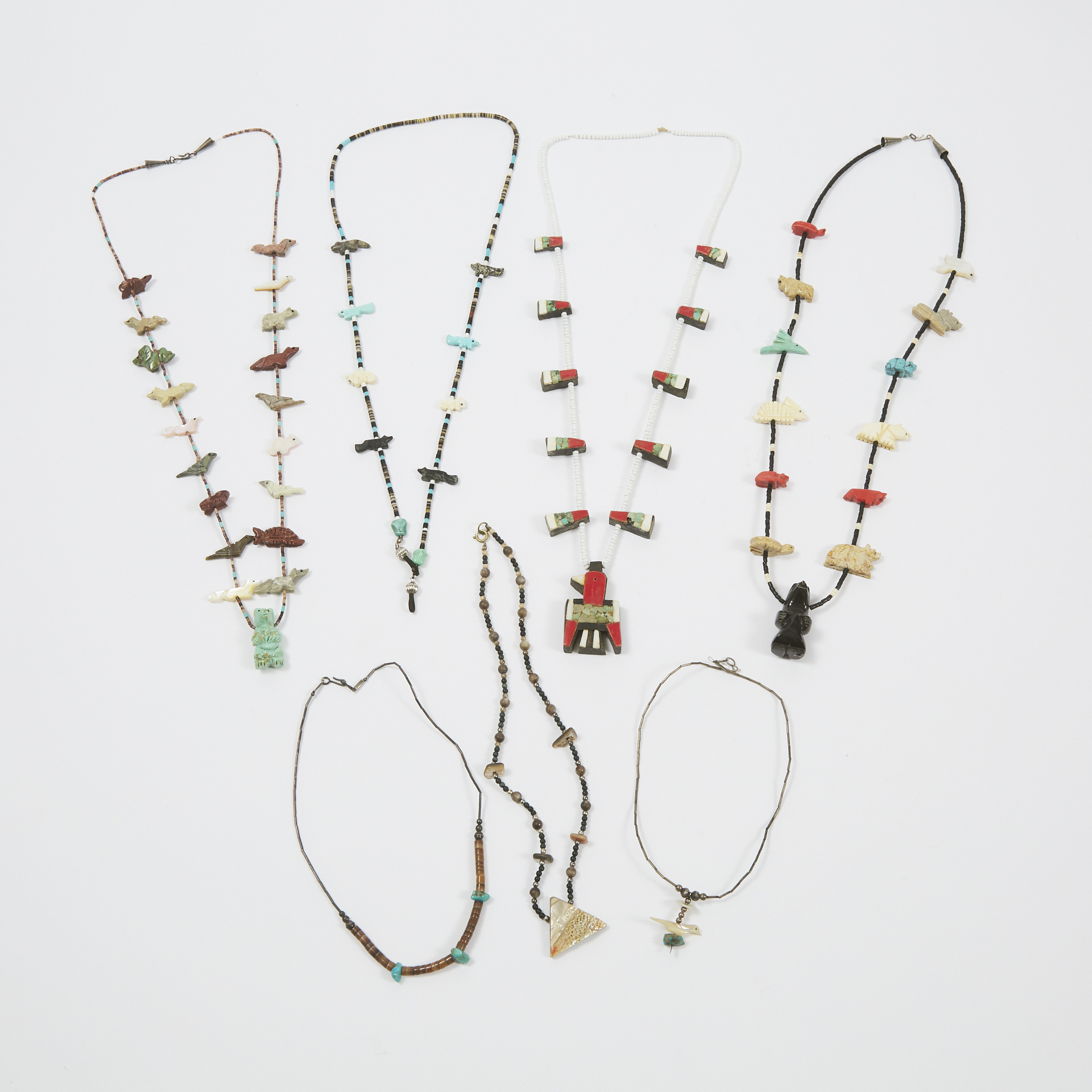 Group of Six Zuni Fetish Necklaces and One Eyeglass String, New Mexico, late 20th century