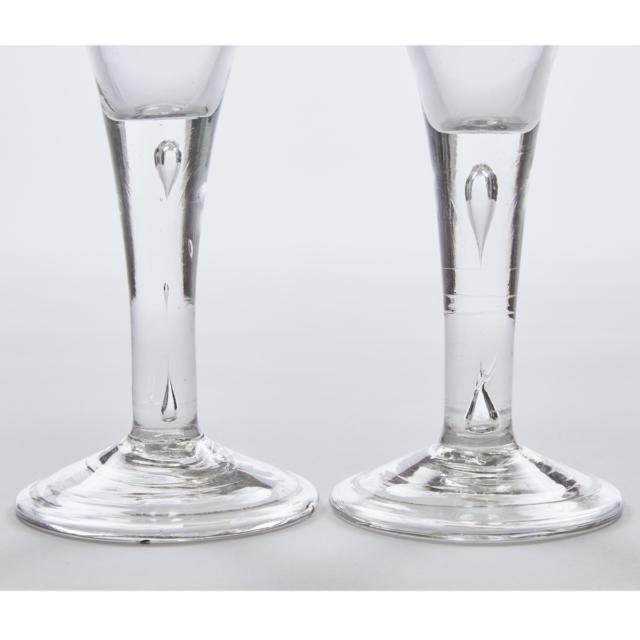 Pair of English Teared Stemmed and Engraved Wine Glasses, c.1760