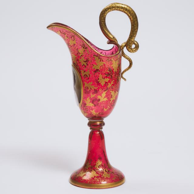 Bohemian Overlaid, Enameled and Gilt Red Glass Portrait Jug, late 19th century