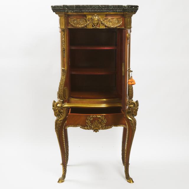 French Neoclassical Gilt Bronze Mounted Fruitwood Inlaid Mahogany and Walnut Centre Piece Cabinet on Stand, Alfred Beurdeley, Paris, c.1890