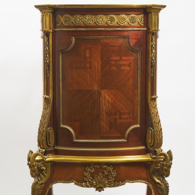 French Neoclassical Gilt Bronze Mounted Fruitwood Inlaid Mahogany and Walnut Centre Piece Cabinet on Stand, Alfred Beurdeley, Paris, c.1890