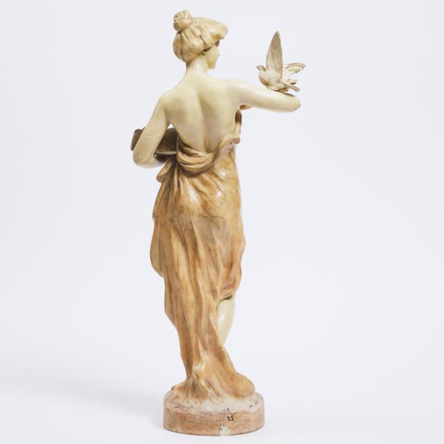 Goldscheider Painted Plaster Figure of a Young Beauty with Doves by Stanislaus Emil Czapek (Austrian, 1874-after 1921), Wien, c.1900
