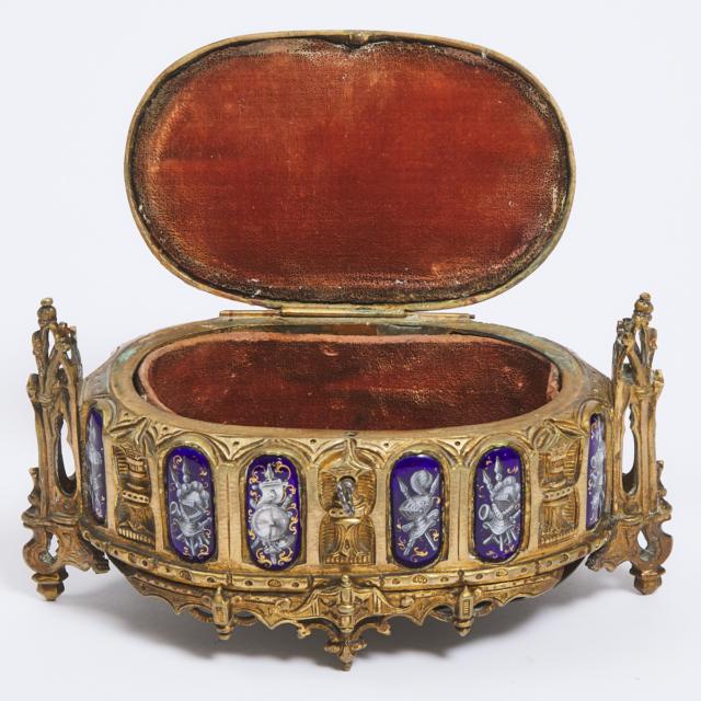 French Gothic Revival Limoges Enamelled Plaque Mounted Ormolu Jewellery Casket, c.1860