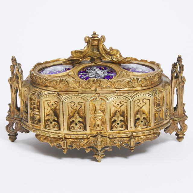 French Gothic Revival Limoges Enamelled Plaque Mounted Ormolu Jewellery Casket, c.1860