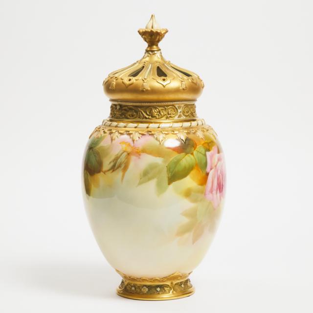 Royal Worcester Large 'Hadley' Roses Pot-Pourri Vase and Cover, Walter Sedgley, early 20th century