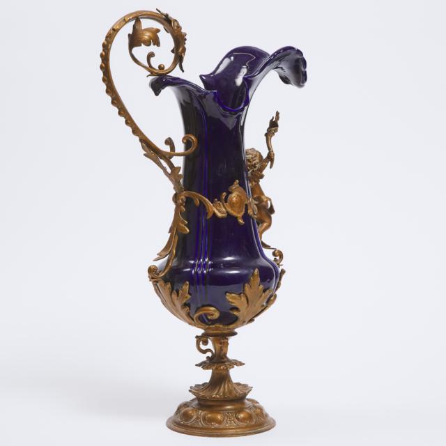 Large French Cobalt Blue Ceramic and Gilt Metal Ewer, mid 19th century