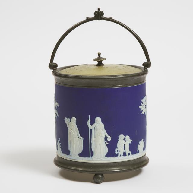 Wedgwood Blue Jasper-Dip Biscuit Barrel, late 19th/early 20th century