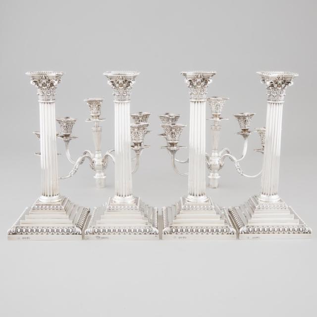 Set of Four Victorian Silver Corinthian Columnar Table Candlesticks with Two Five-Light Candelabra Branch Sections, John Aldwinckle & Thomas Slater, London, 1886