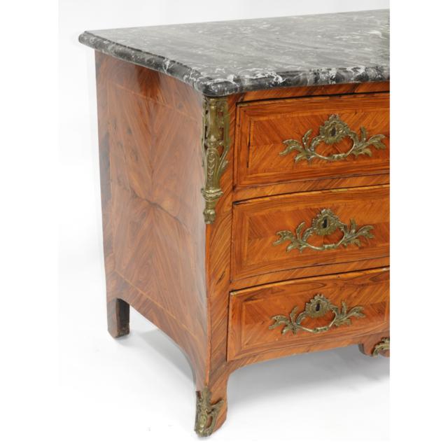 French Ormolu Mounted Rosewood Parquetry Inlaid Serpentine Front Commode, early 19th century