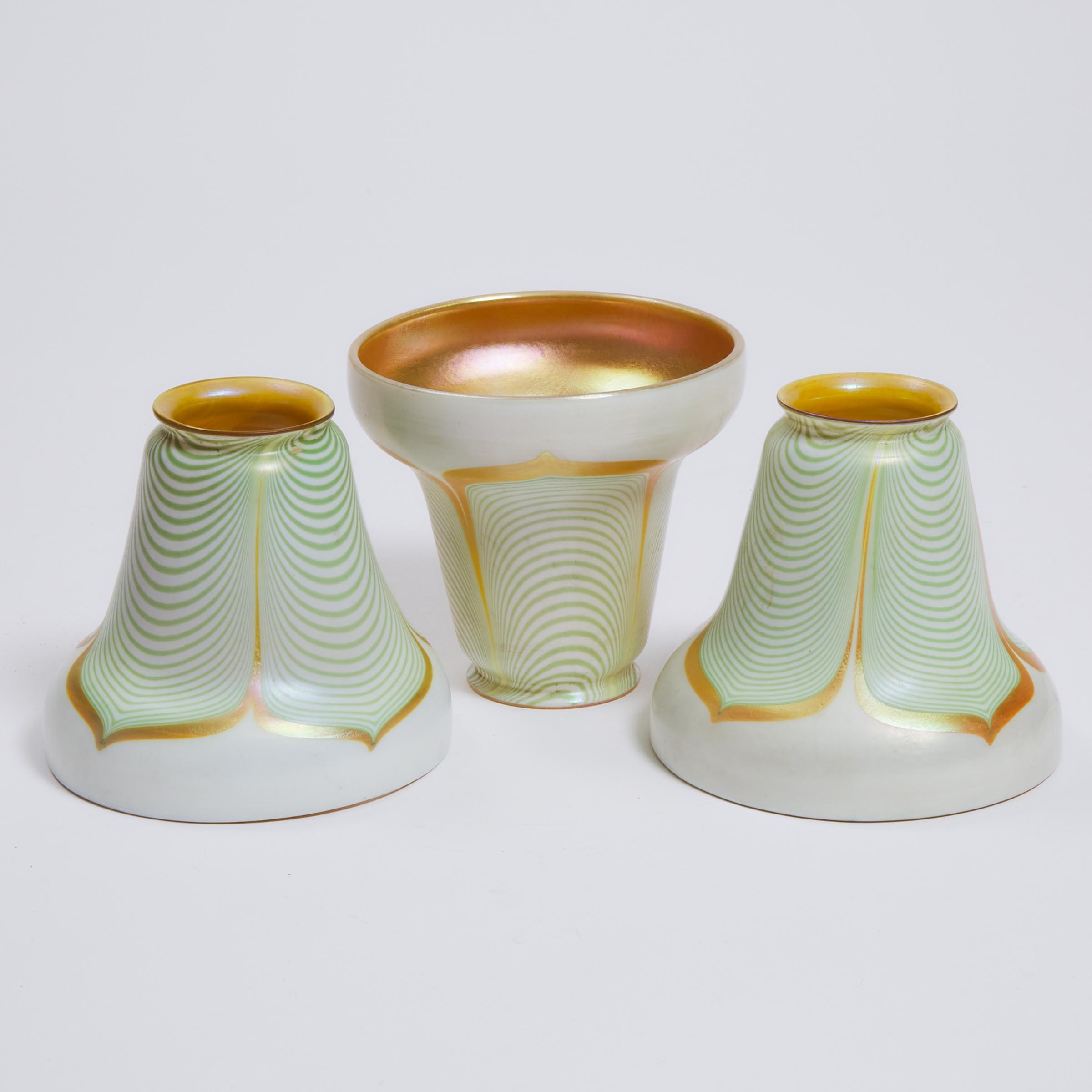 Three American Decorated Iridescent Glass Shades, early 20th century