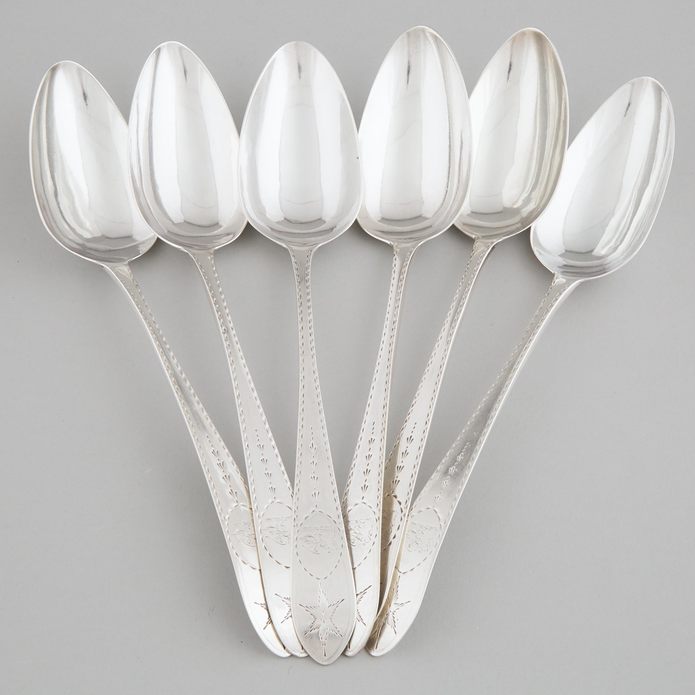 Six George III Irish Silver Bright-Cut Table Spoons, John Power, Dublin, 1797