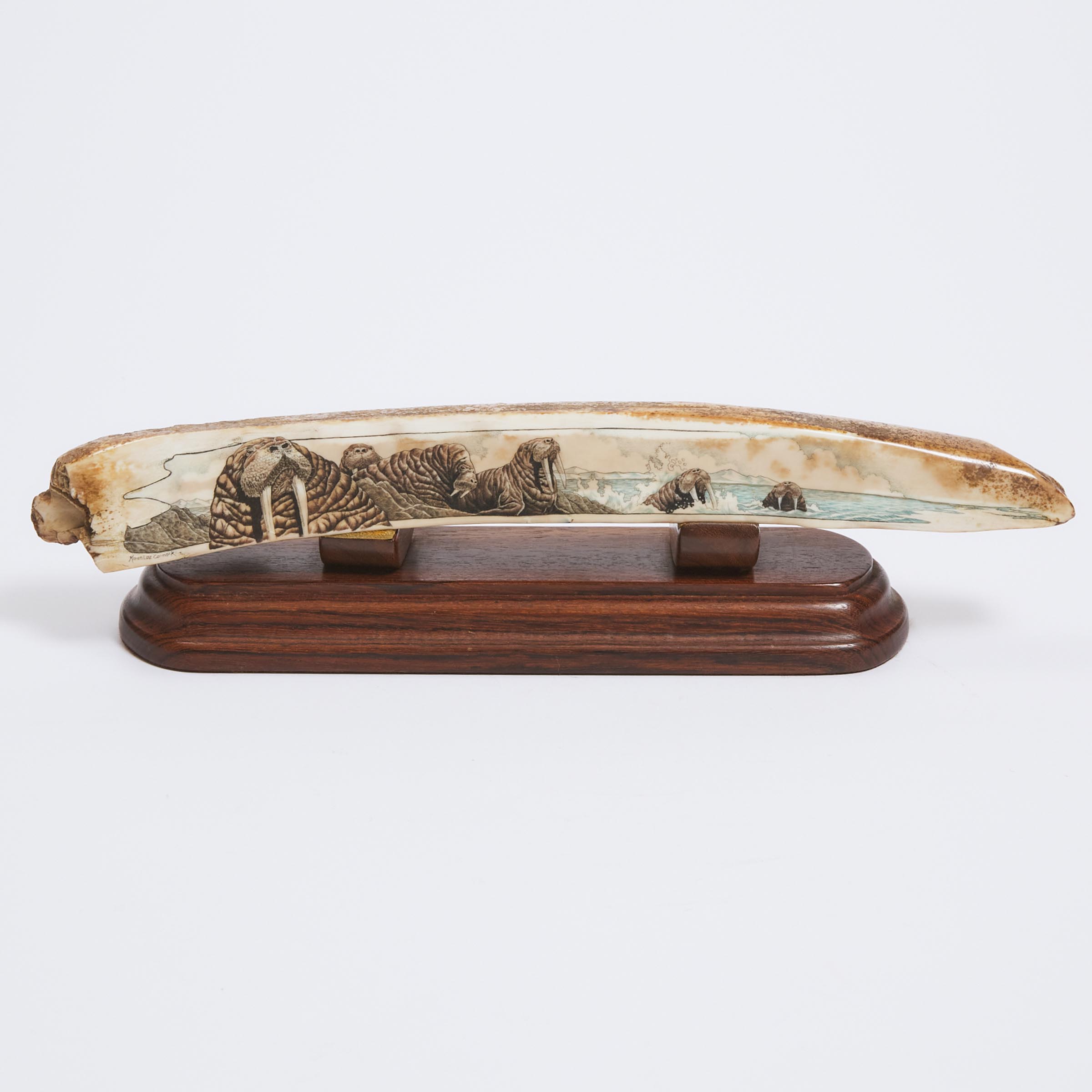 Fossilised Walrus Ivory Tusk Sled Runner Scrimshawed by Karen Lee Carmack, 20th century
