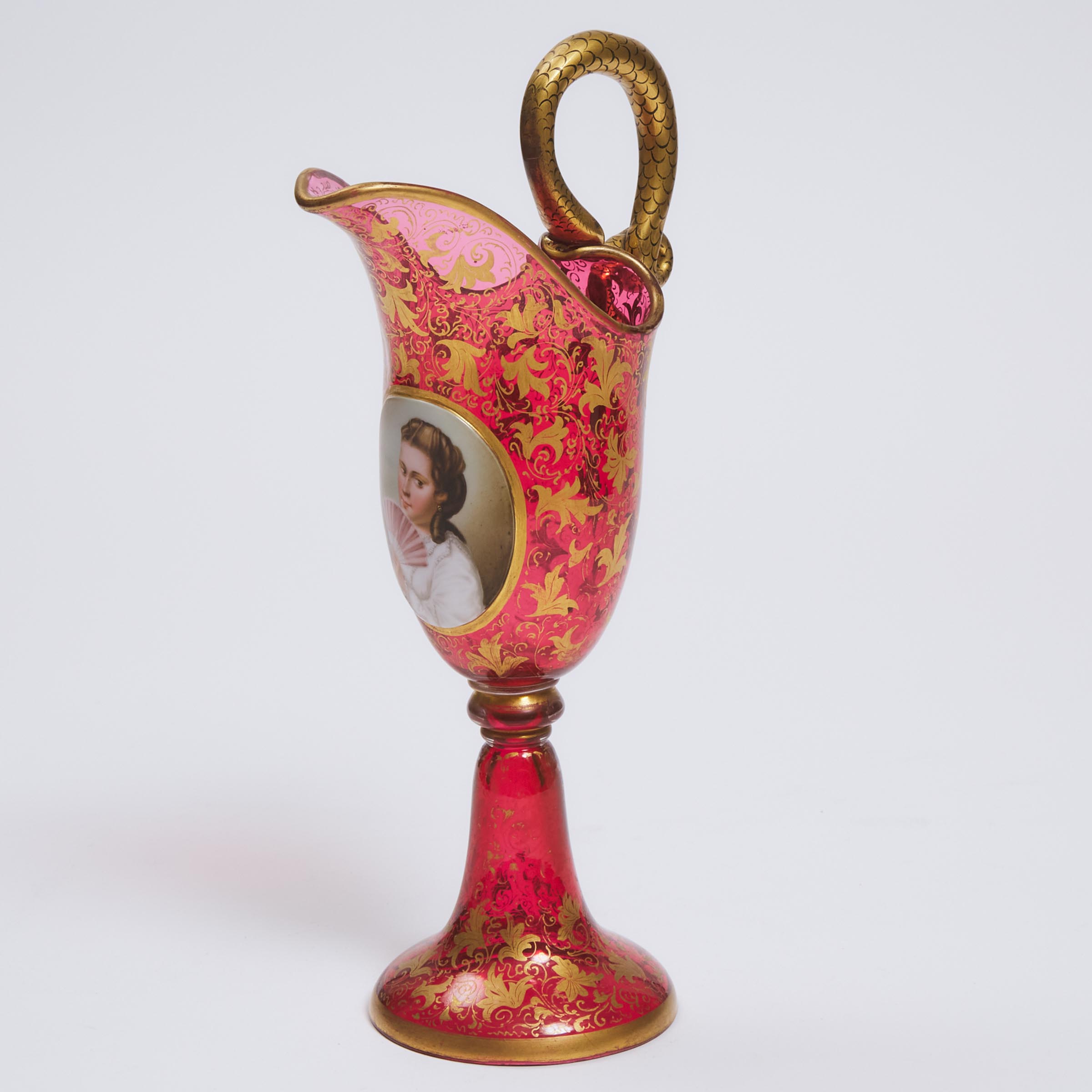 Bohemian Overlaid, Enameled and Gilt Red Glass Portrait Jug, late 19th century