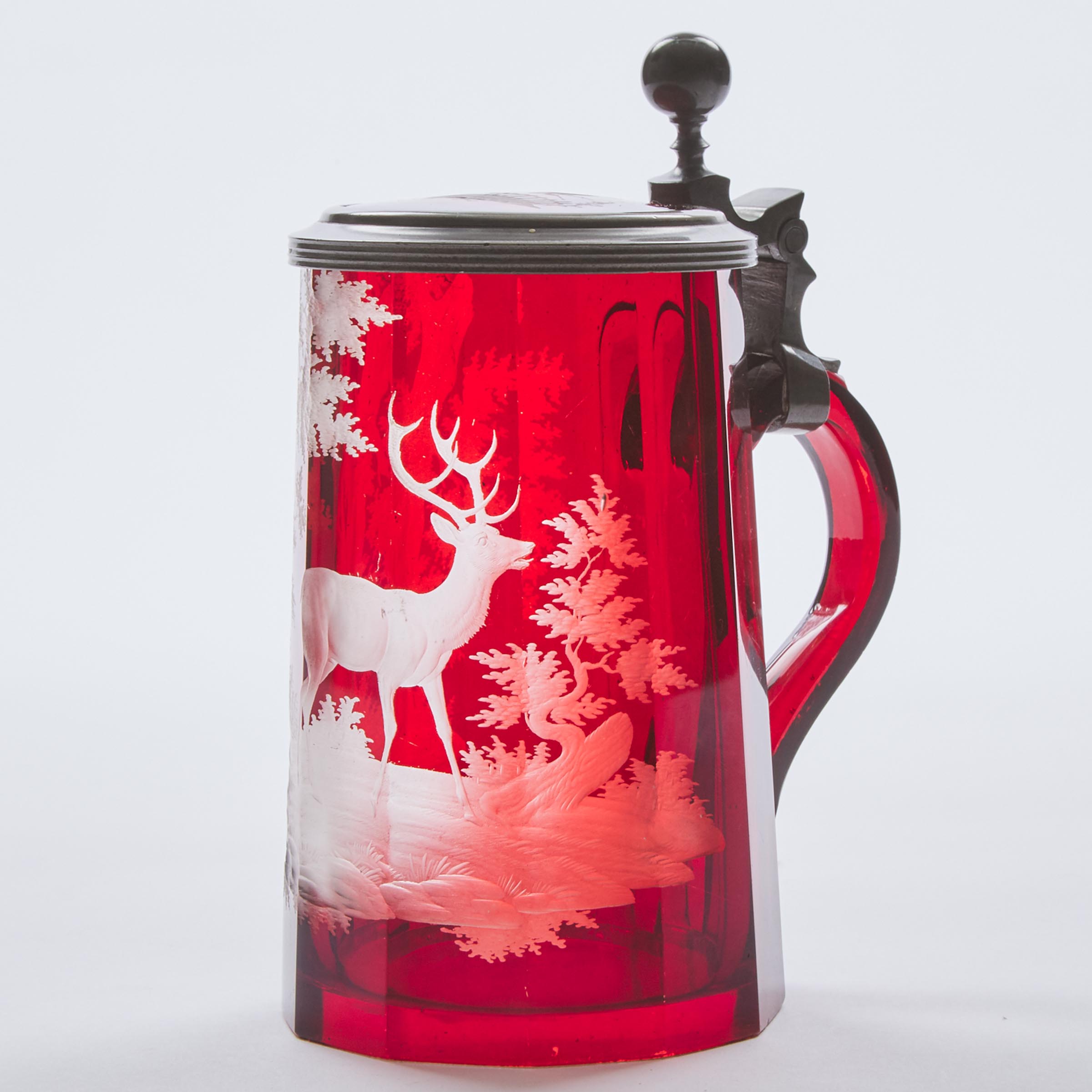 Bohemian Pewter Mounted Red Flashed and Engraved Glass Tankard, 19th century