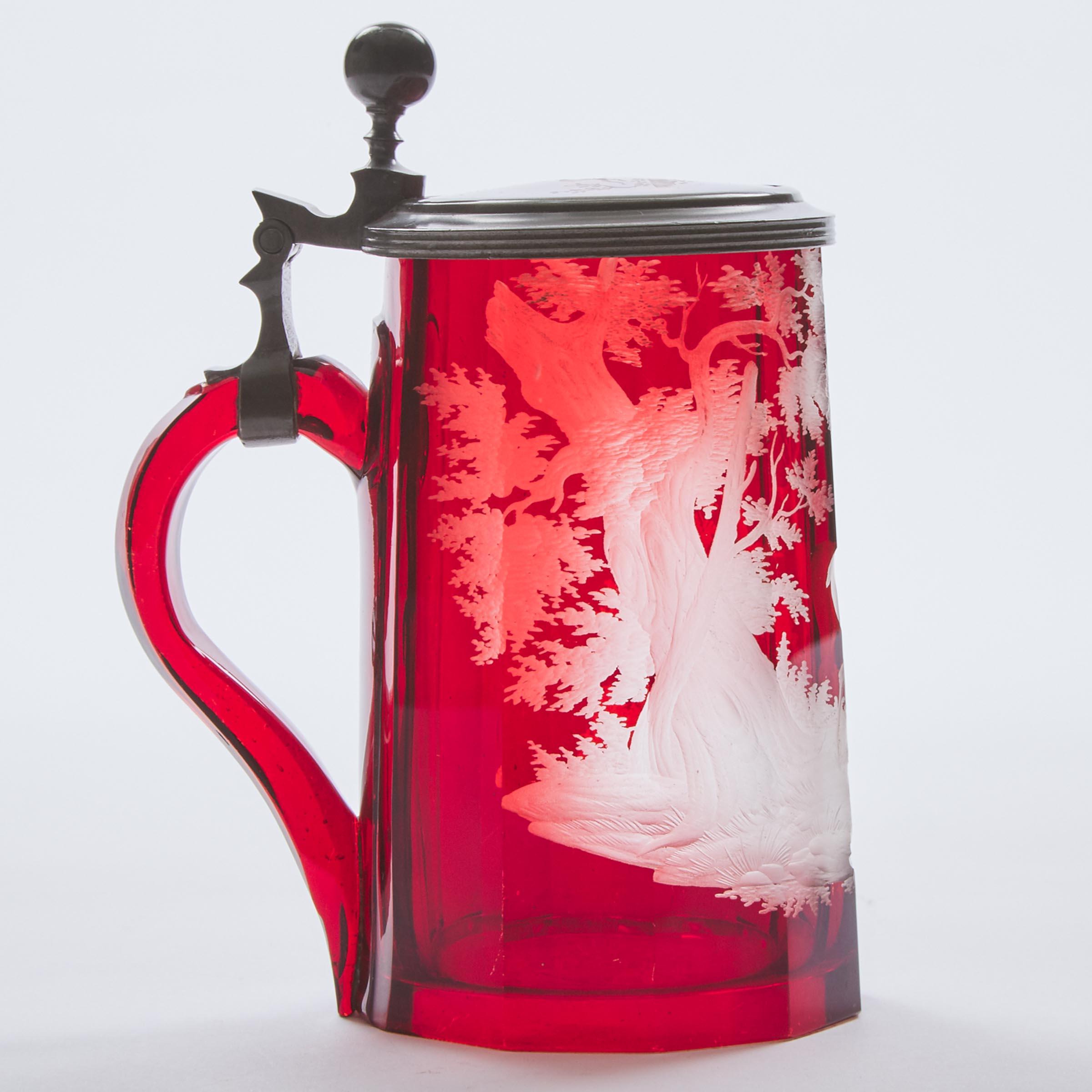 Bohemian Pewter Mounted Red Flashed and Engraved Glass Tankard, 19th century