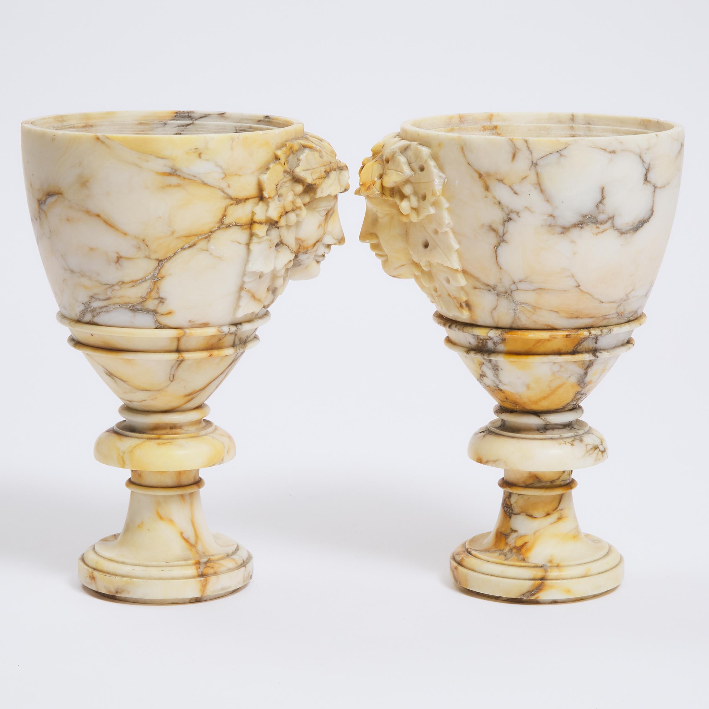 Pair of Italian Turned and Carved Alabaster Bacchanalian Cups, 19th century