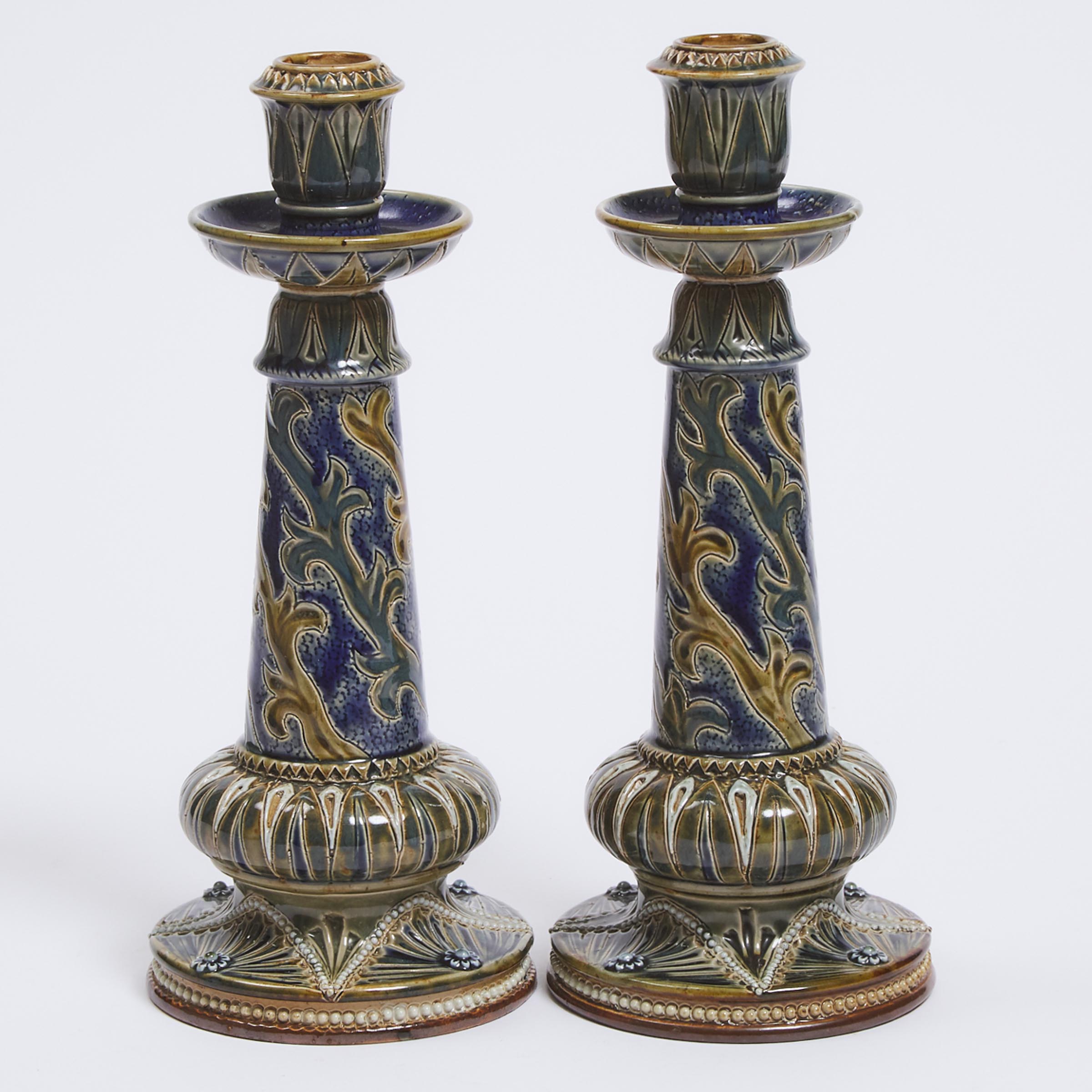 Pair of Doulton Lambeth Stoneware Candlesticks, Emily Stormer, 1876