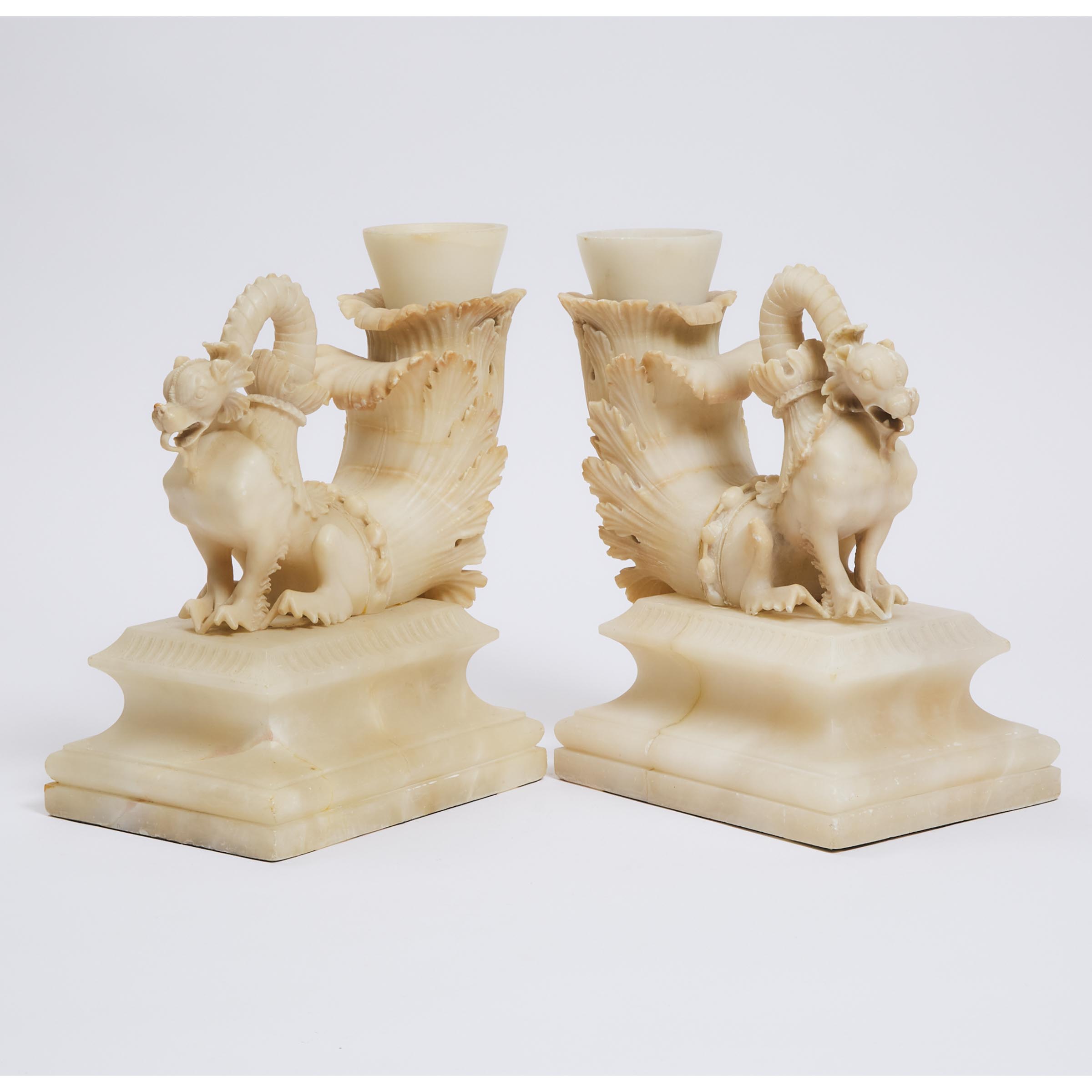Pair of Italian Carved Dragon Form Cornucopia Vases, 19th century