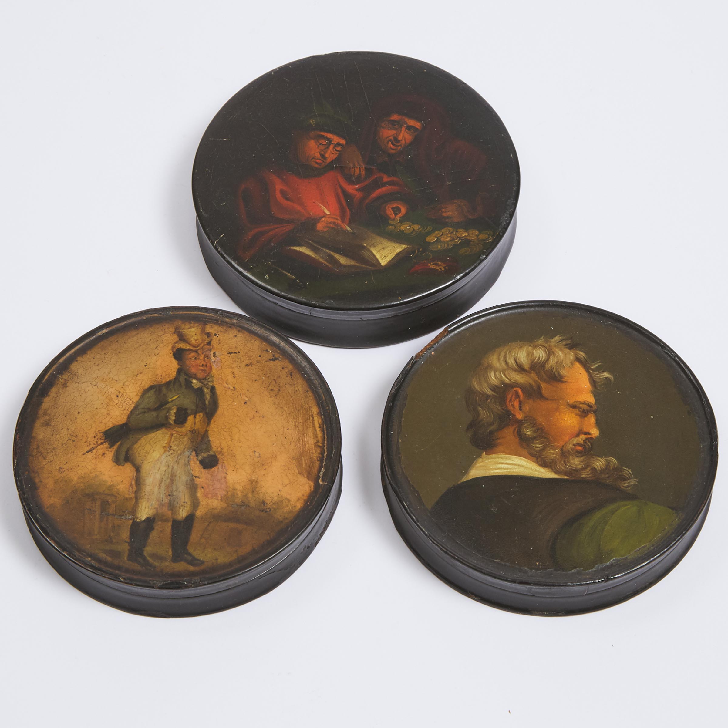 Three North German Painted Lacquer Round Snuff Boxes, early 19th century