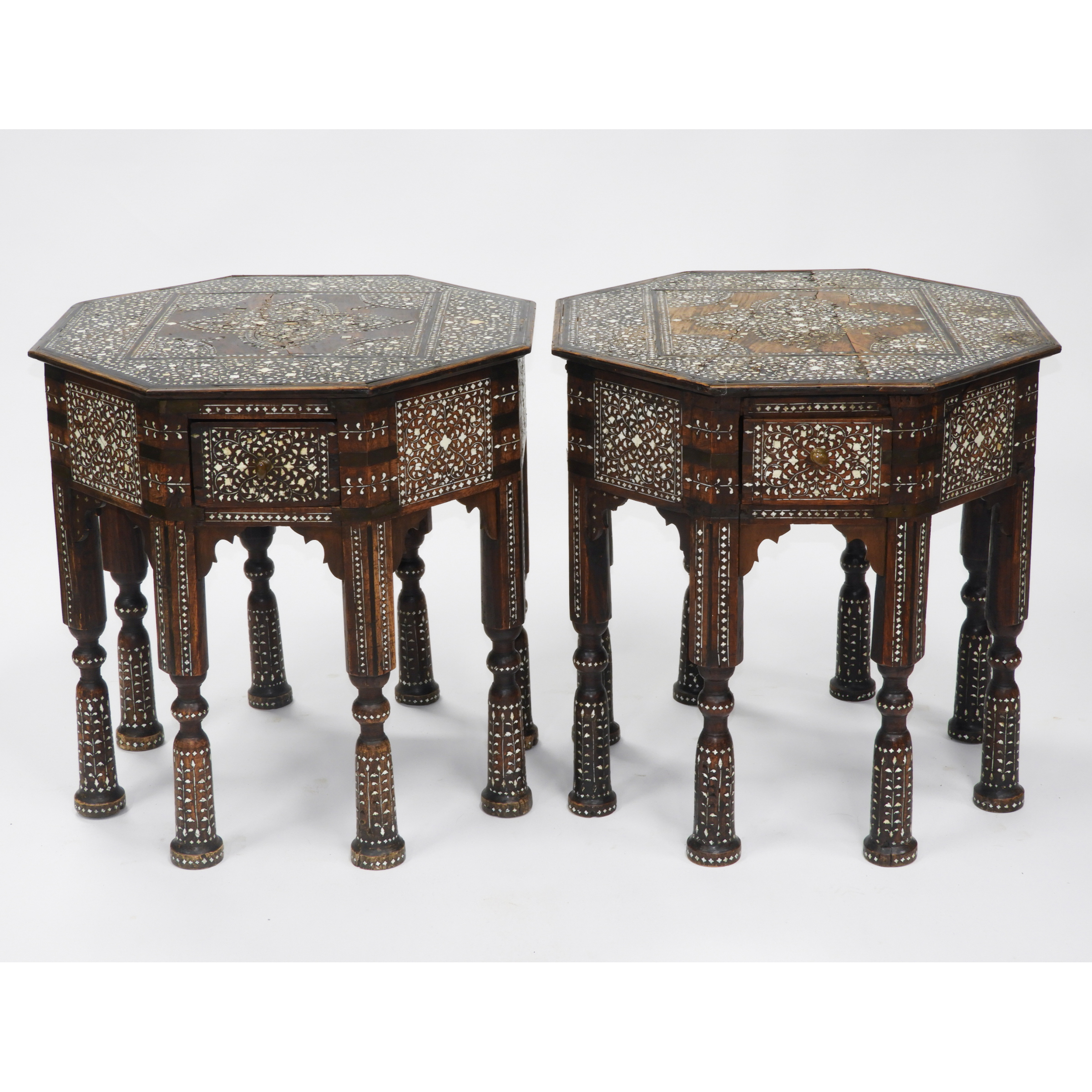 Pair of Turkish Ottoman Bone Inlaid Octagonal Side Tables, 19th cetnury