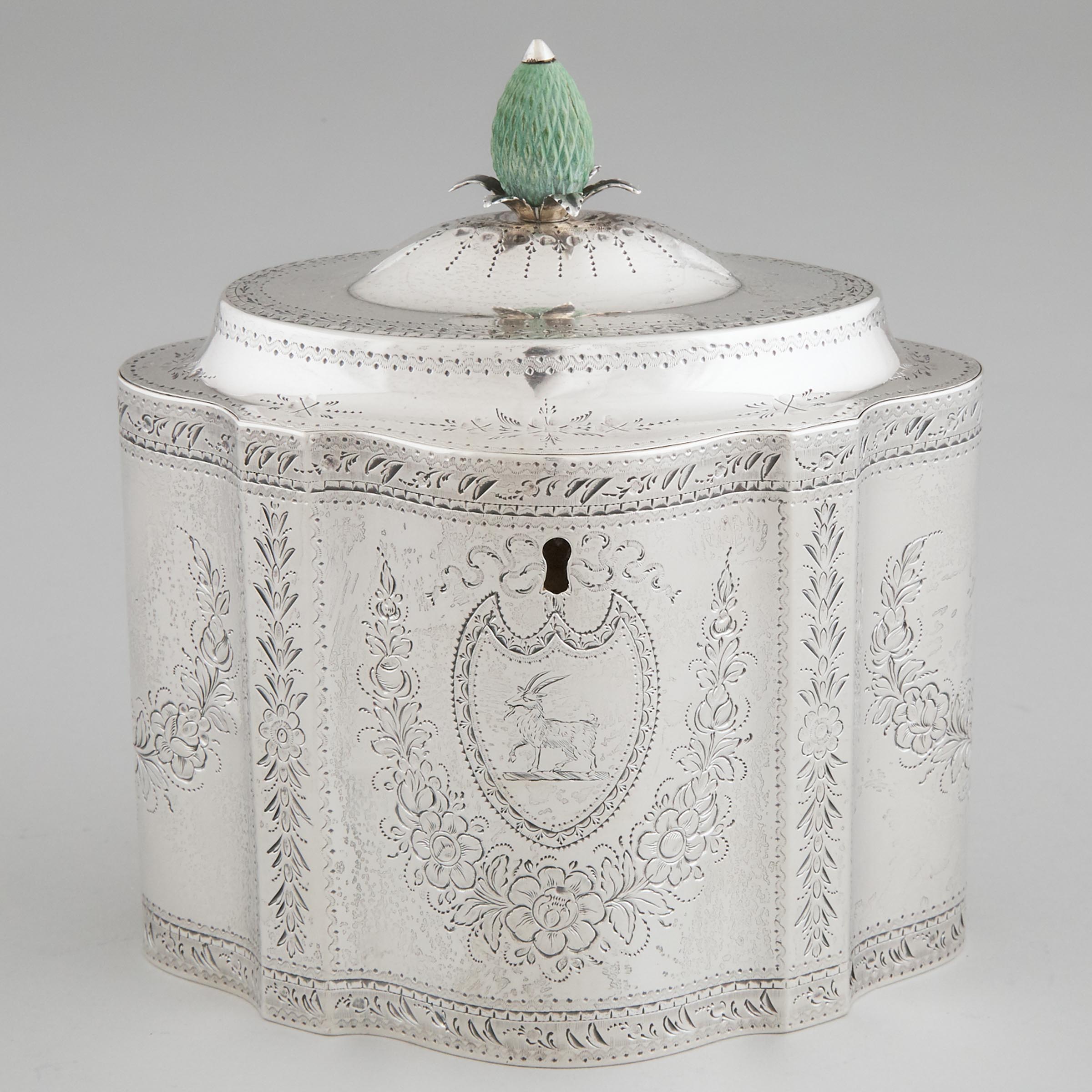 George III Silver Bright-Cut Straight-Sided Shaped Oval Tea Caddy, Thomas Chawner, London, 1786
