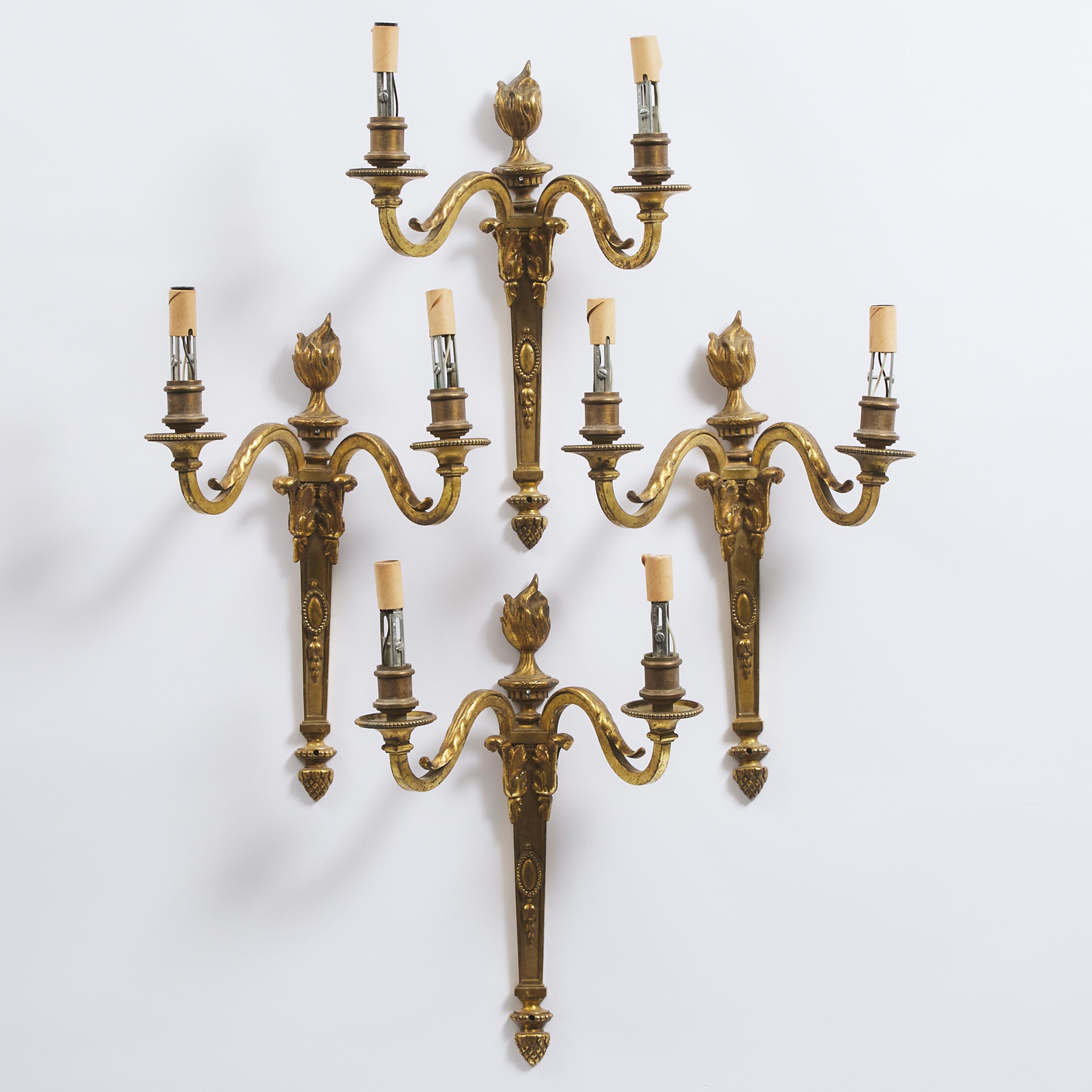 Set of Four French Gilt Bronze Two-Light Wall Sconces, early 20th century 