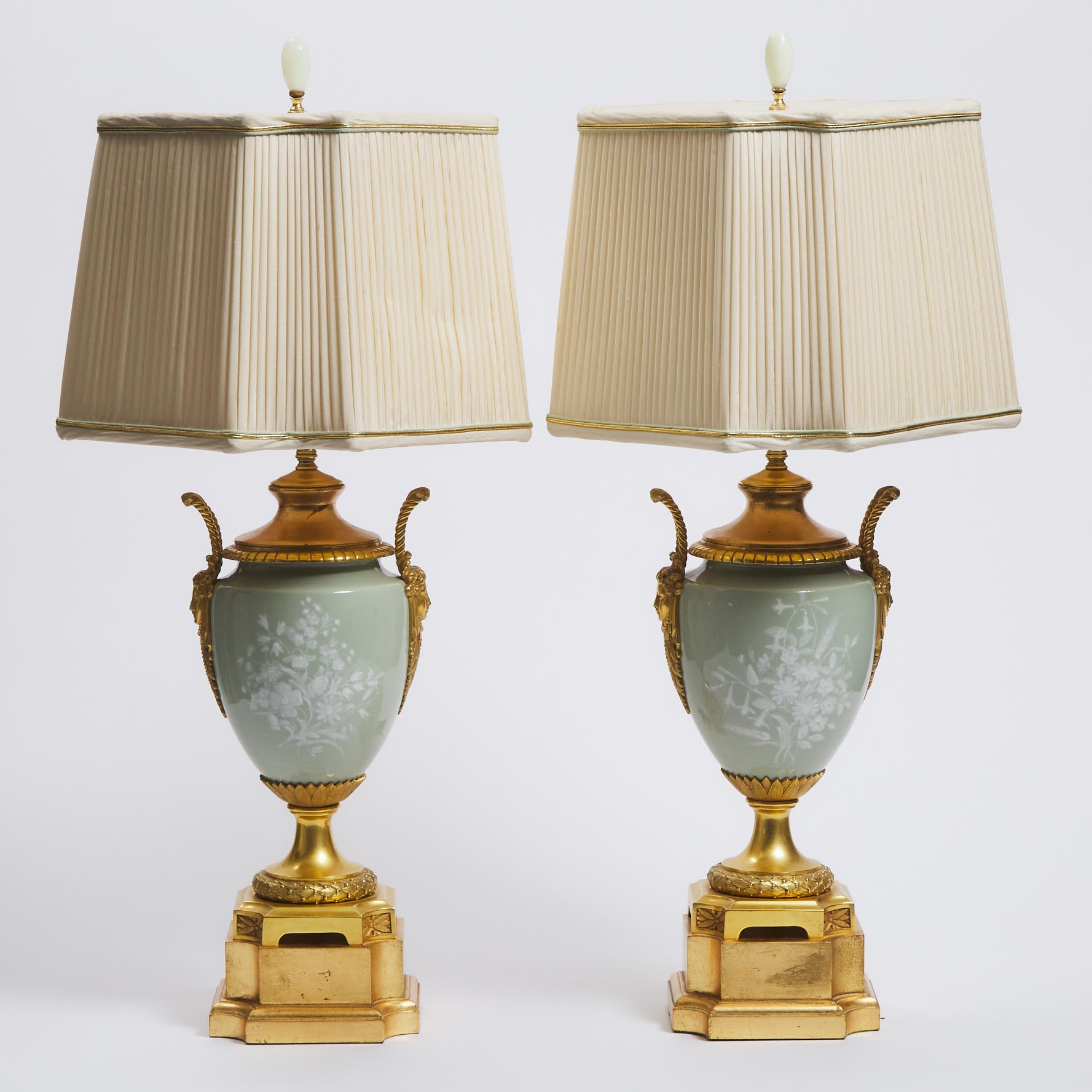 Pair of French Neoclassical Ormolu Mounted Celadon Pâte-sur-Pâte Porcelain Table Lamps, mid 20th century