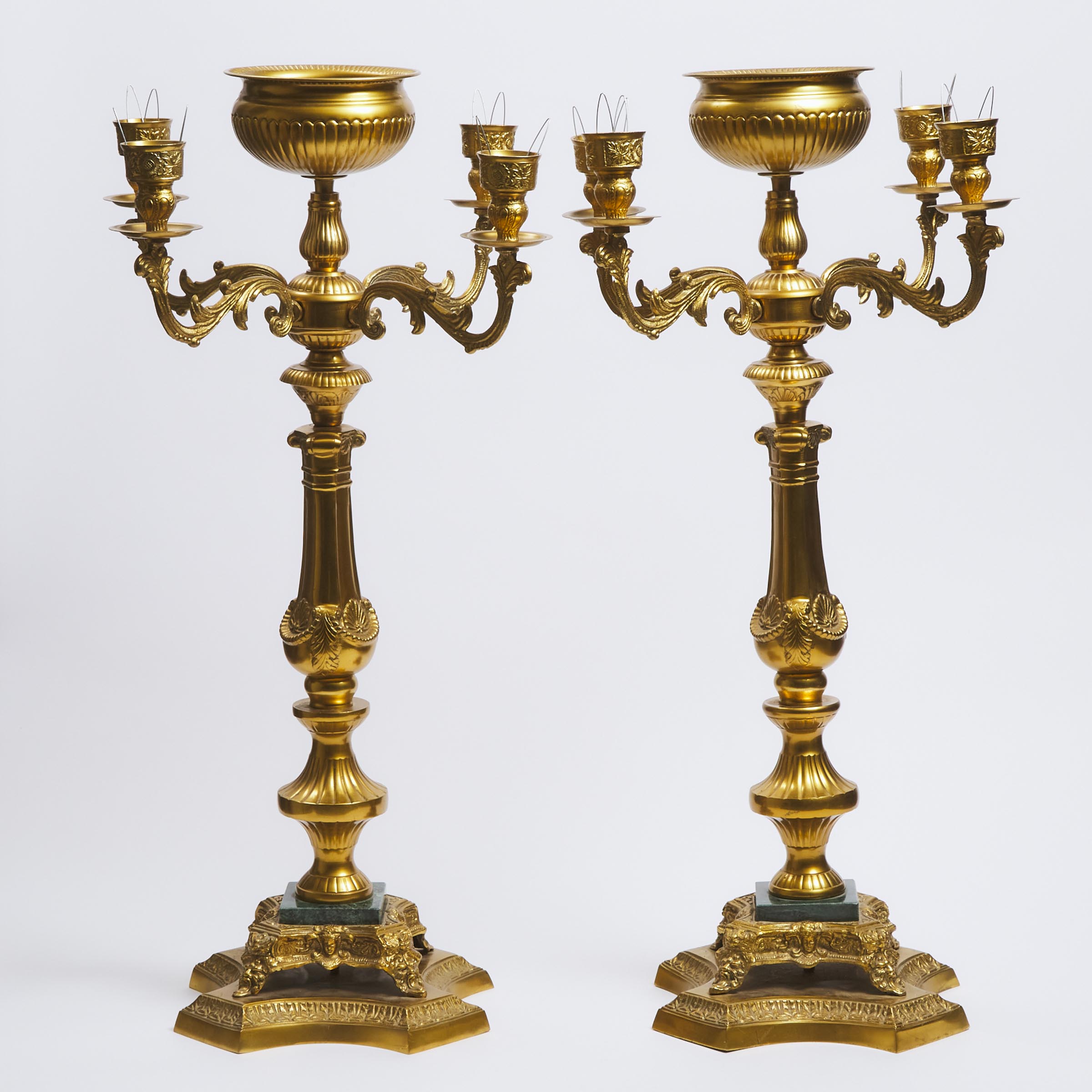 Large Pair of Marble Mounted Gilt Brass Banquet Candelabras, 20th century