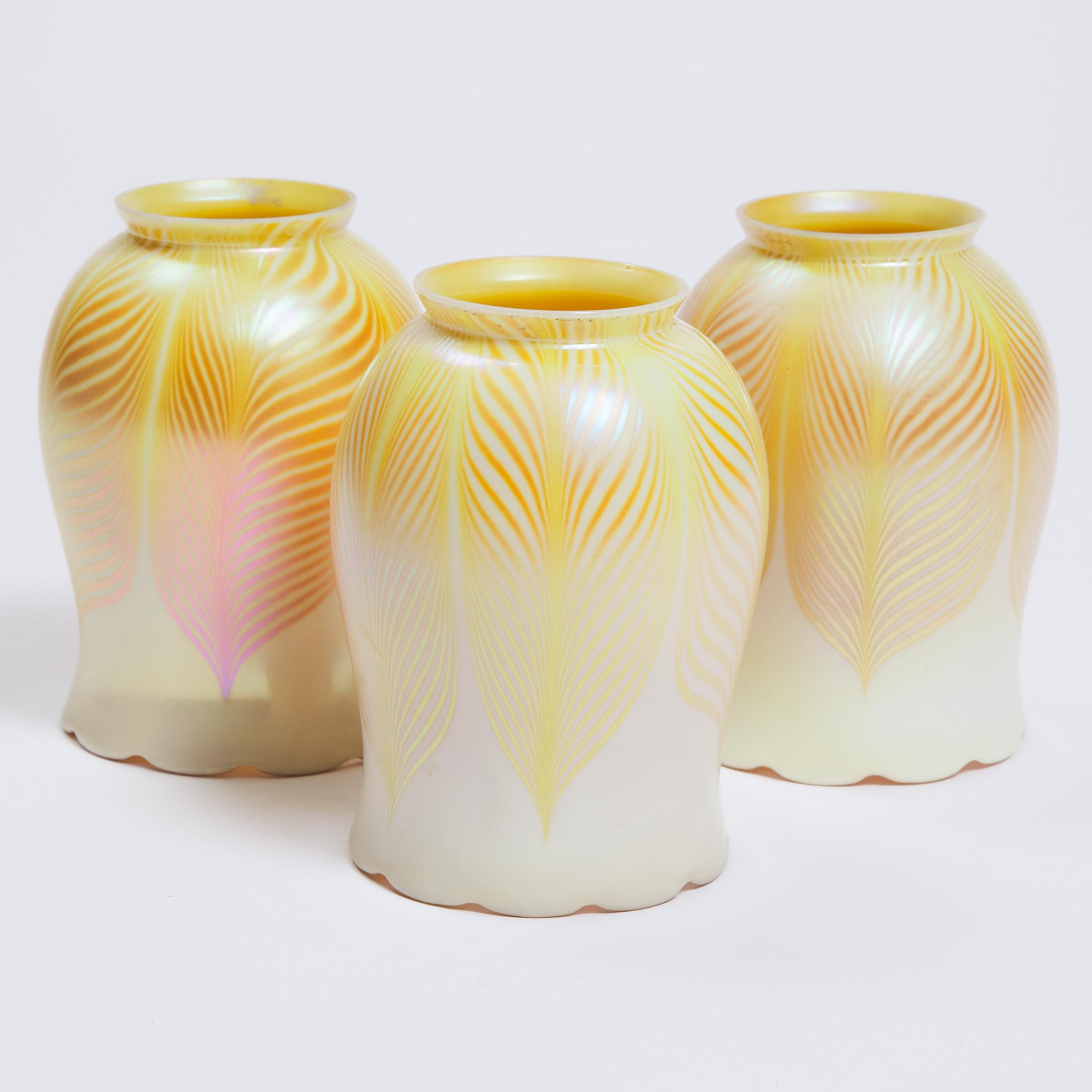 Three Steuben Decorated Iridescent Glass Shades, early 20th century