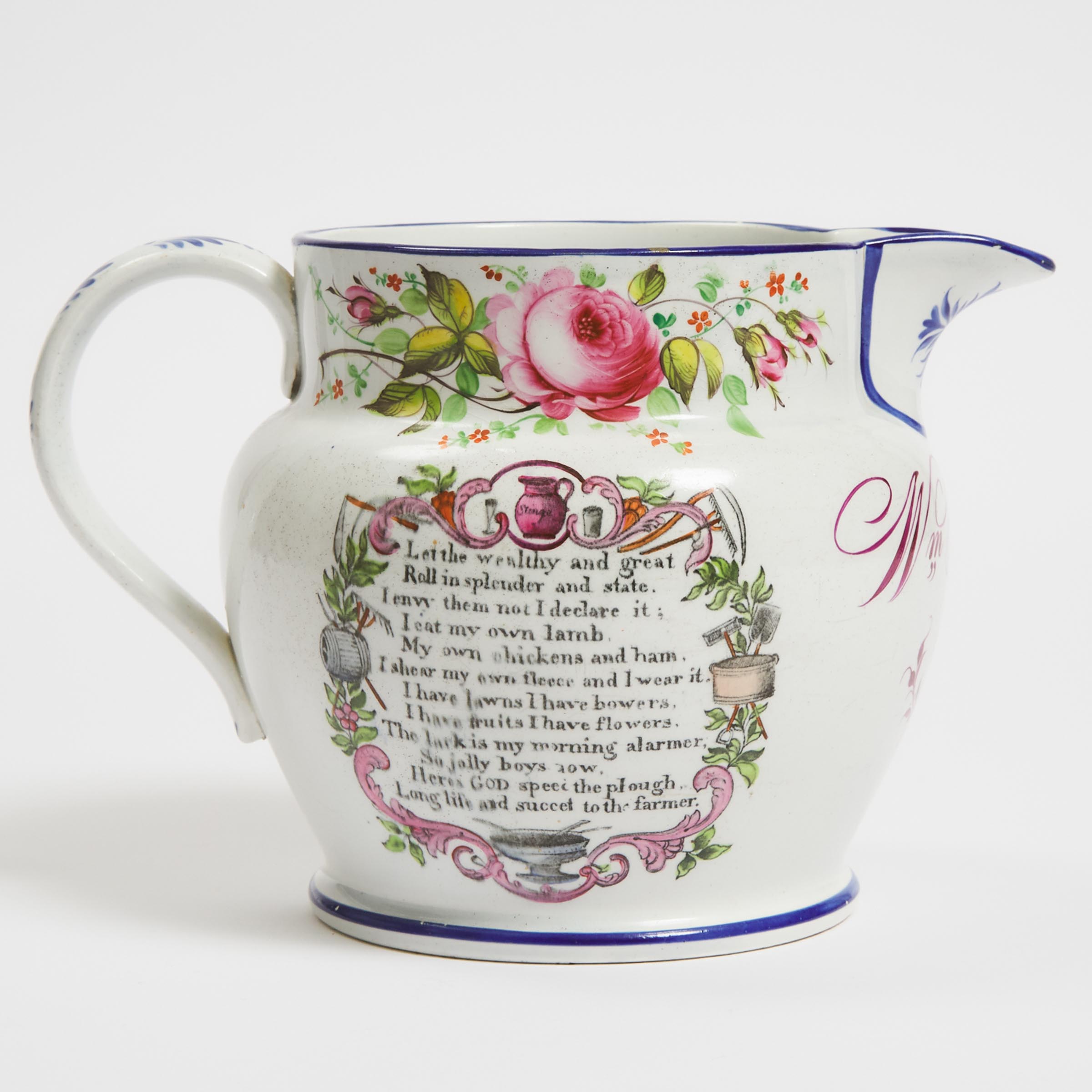 English Printed and Painted Pearlware 'Farmer's Arms' Jug, c.1844