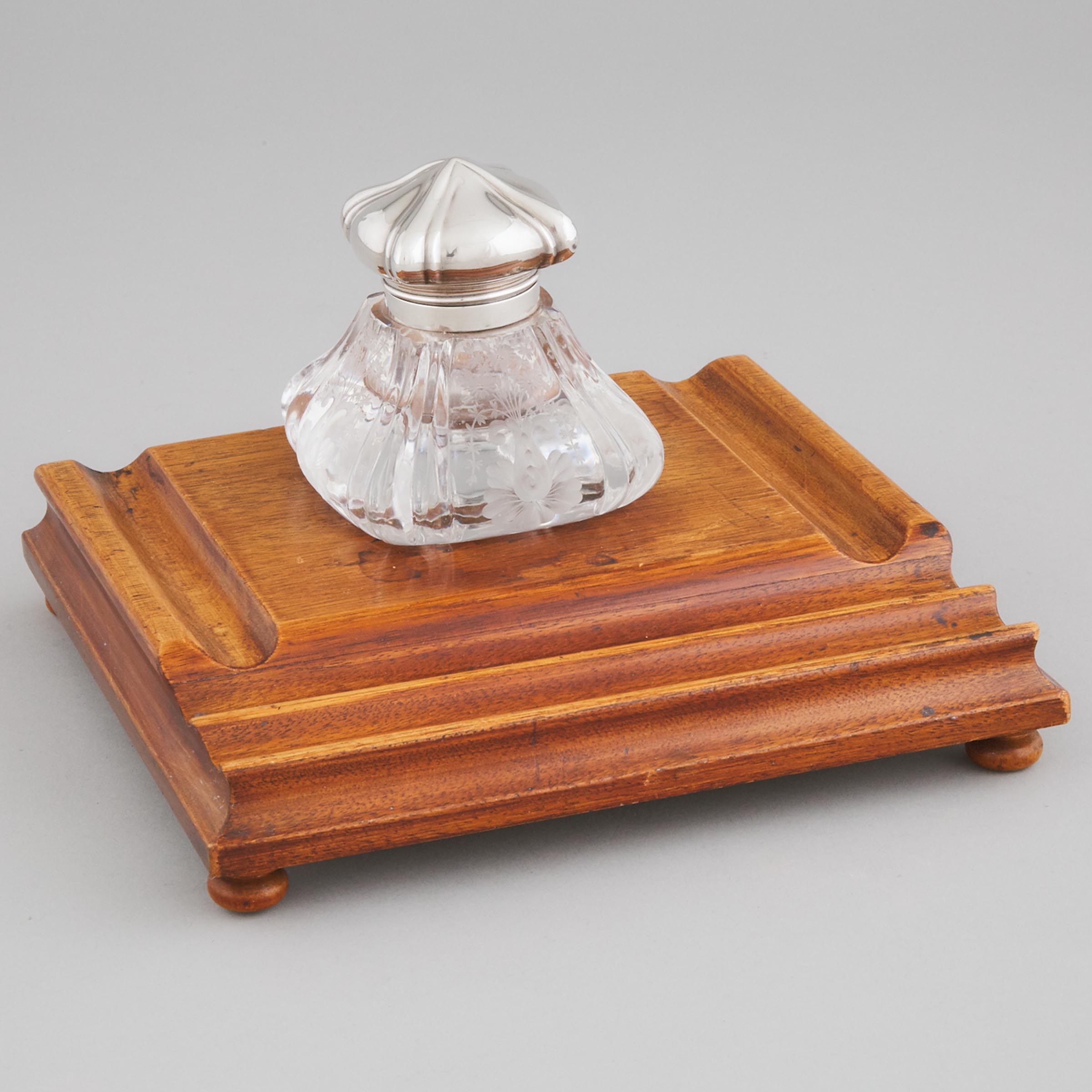 American Silver Mounted Engraved Glass and Carved Oak Inkstand, Gorham Mfg. Co., Providence, R.I., early 20th century