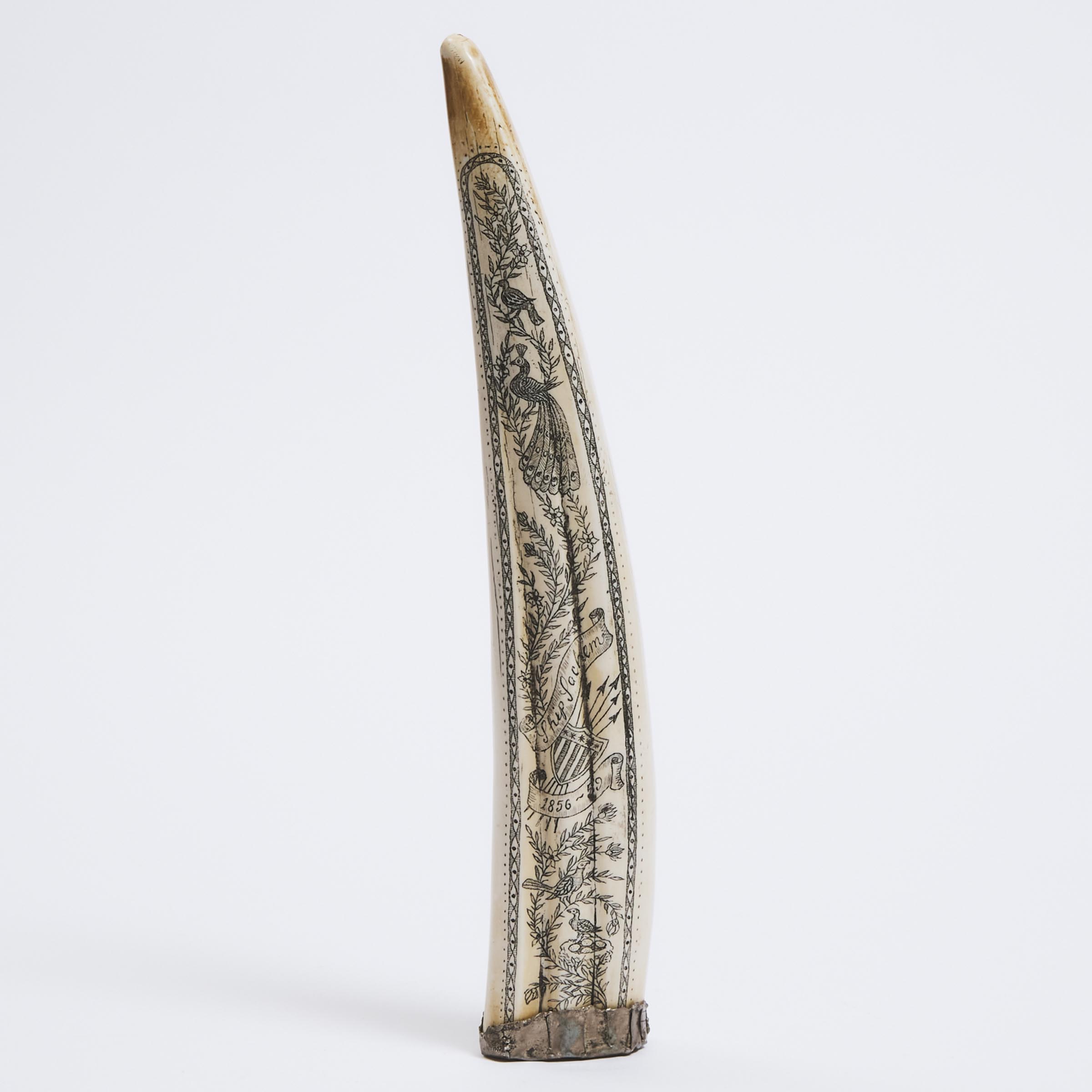 Replica Scrimshawed Walrus Ivory Tusk, late 20th century