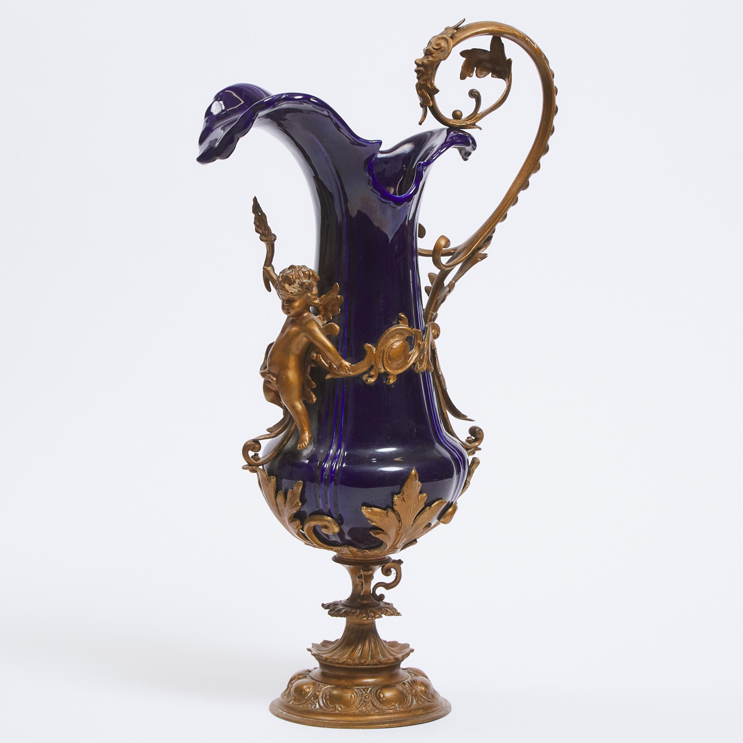Large French Cobalt Blue Ceramic and Gilt Metal Ewer, mid 19th century