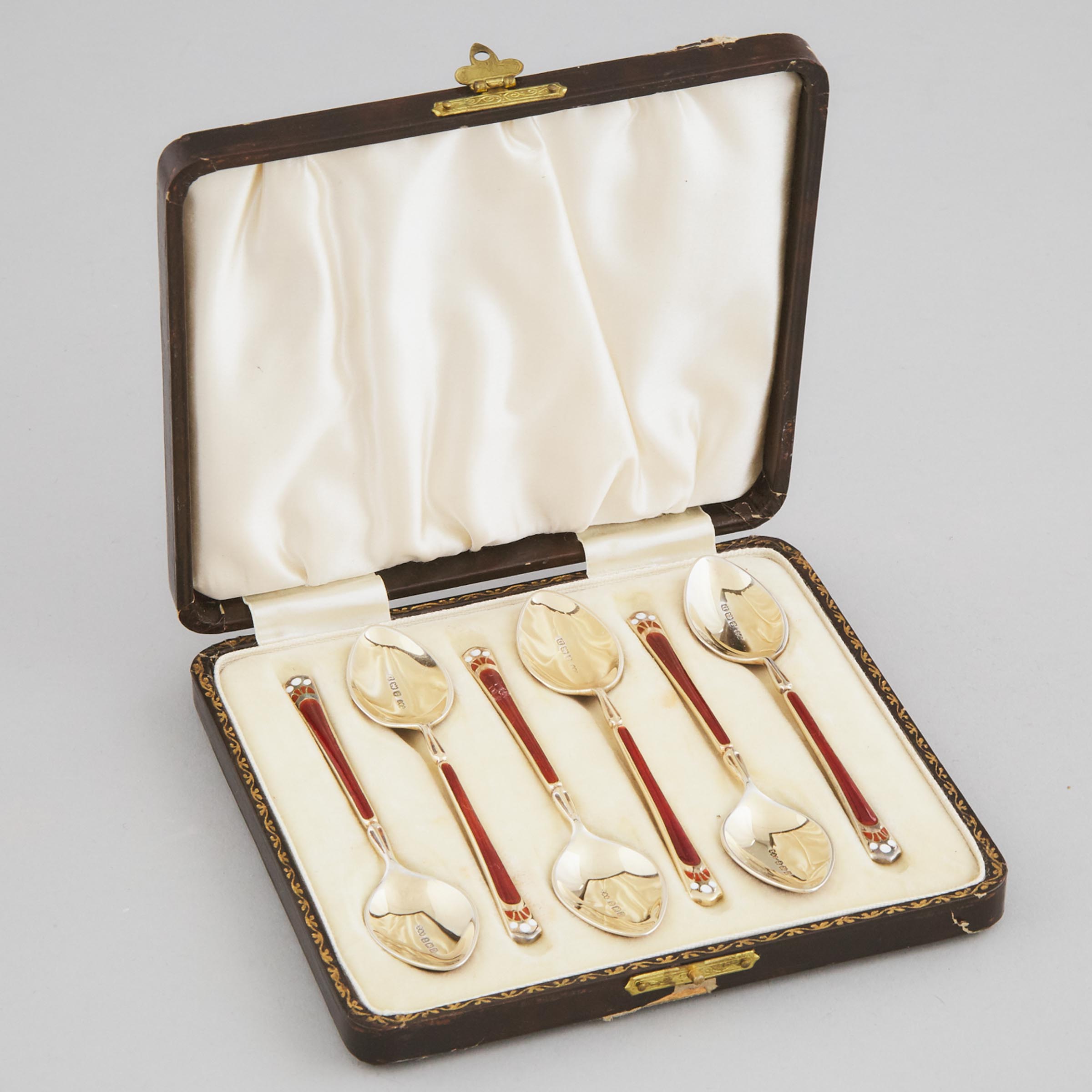Set of Six English Silver-Gilt and Enamel Coffee Spoons, Turner & Simpson, Birmingham, 1928