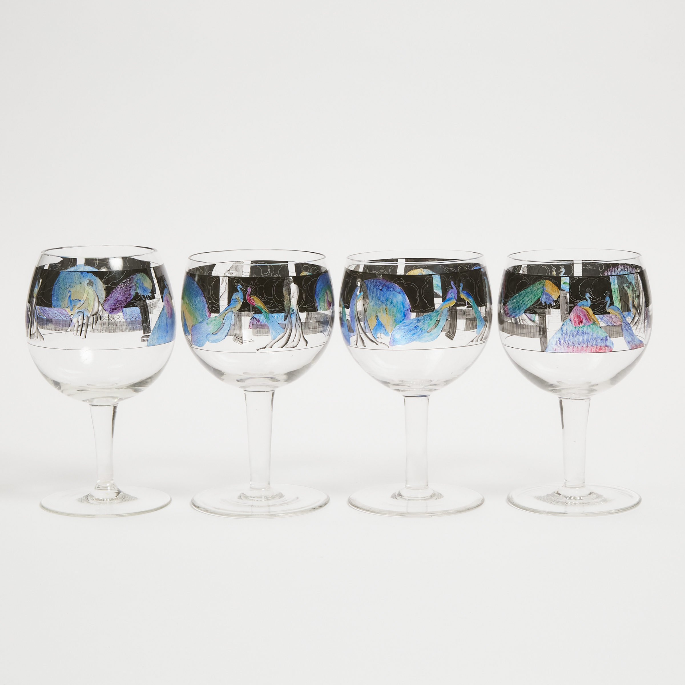 Set of Four Vetri Della Arte (Vedar) Enameled Glass Goblets, c.1925