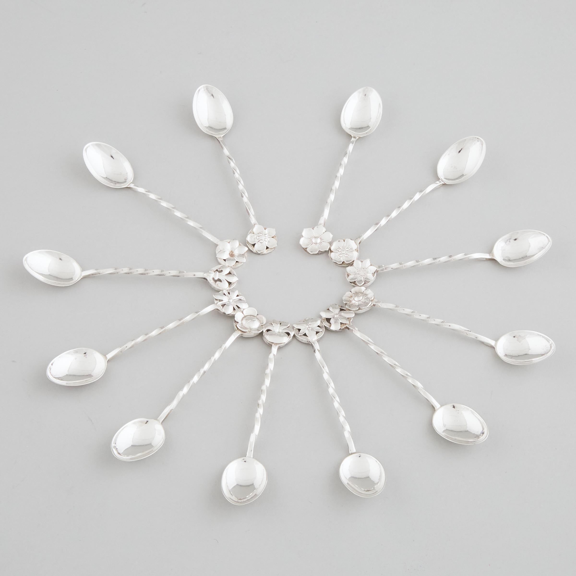 Set of Twelve Canadian Silver Provincial Flowers Coffee Spoons, Andrew Fussell, Toronto, 1968