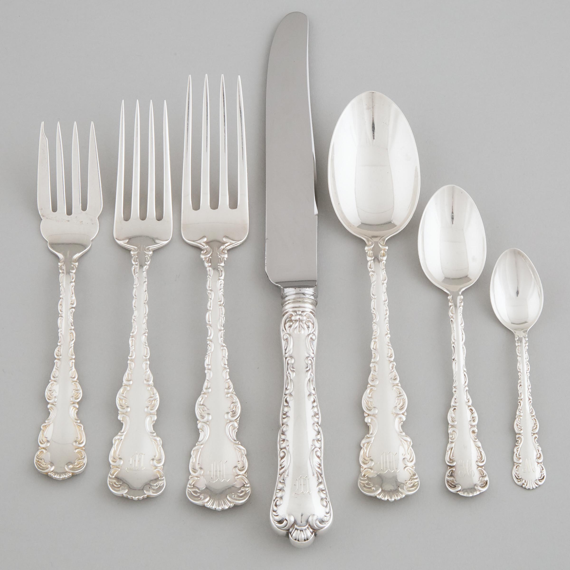 Canadian Silver ‘Louis XV’ Pattern Flatware Service, mainly Henry Birks & Sons, Montreal, Que. and Roden Bros., Toronto, Ont., 20th century