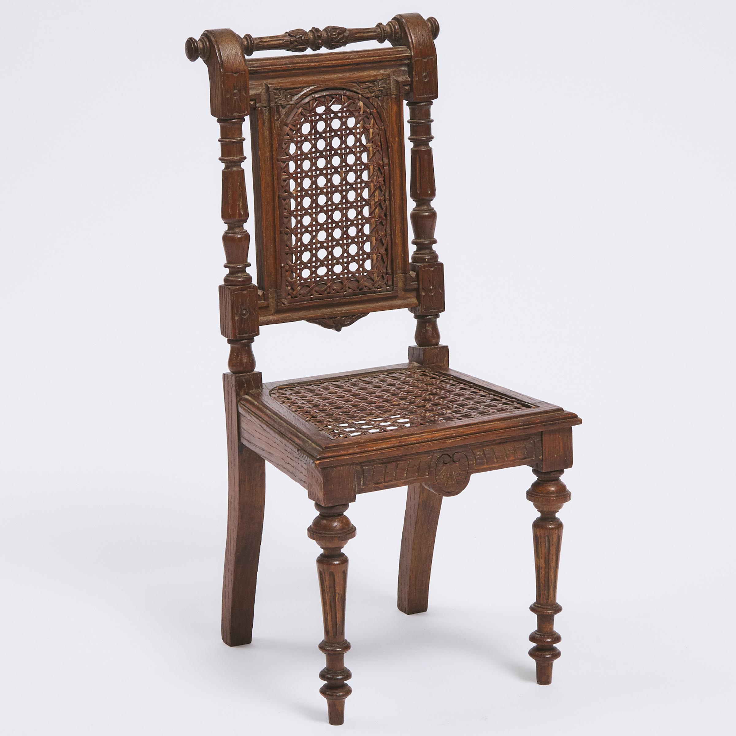 Victorian Carved and Caned Oak Miniature Model of a Side Chair, 19th century